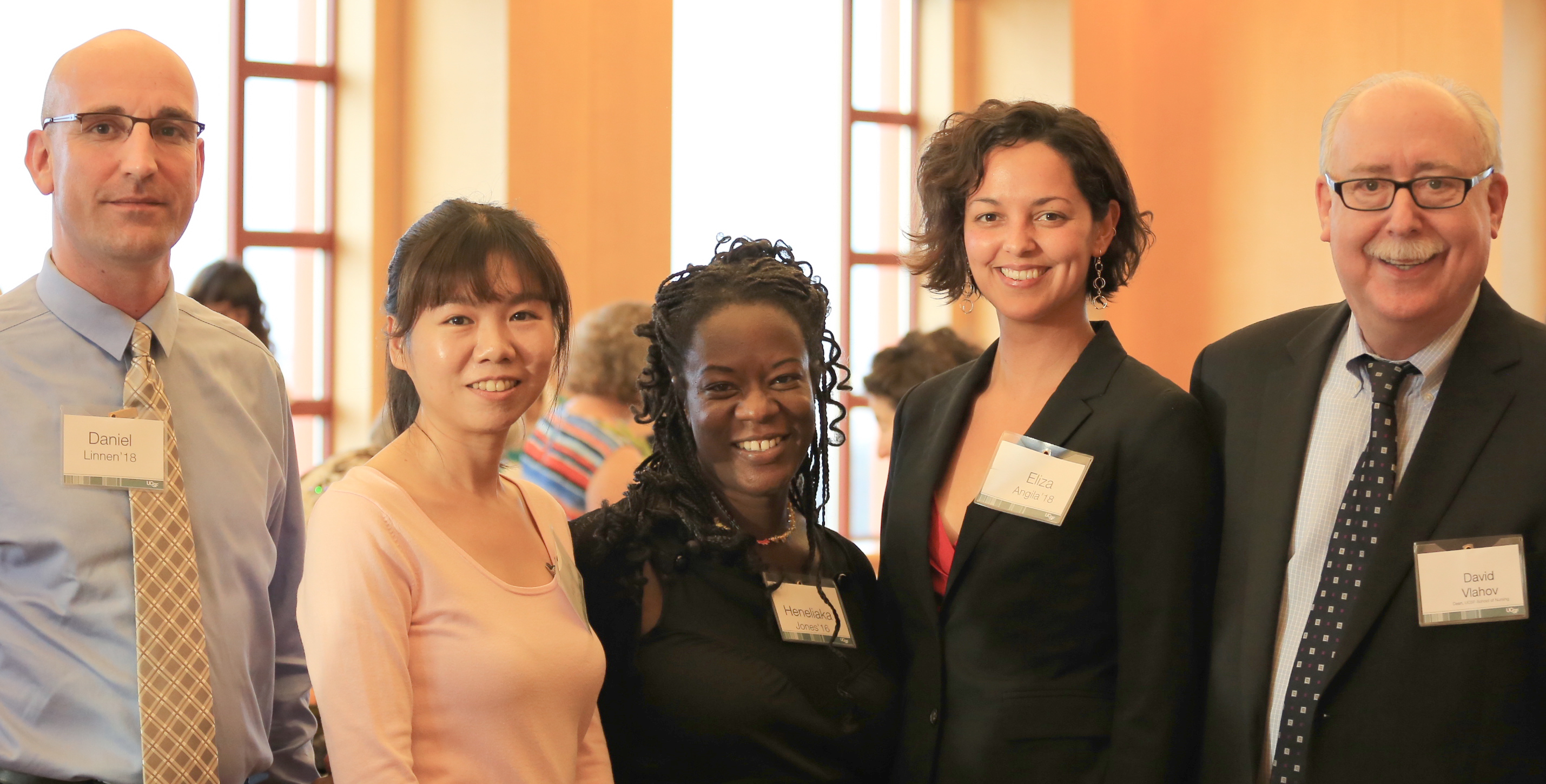 Students (left to right): Daniel Linnen, MS, RN, PhD(c), Han-Lin (Diane) Chi, RN, CNS, CHPN, PhD(c), Heneliaka Jones, RN, (current Masters) and Eliza Angila (current MEPN) pose with Dean David Vlahov 