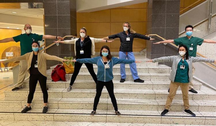 UCSF nursing students supporting the vaccine rollout have included: (back row, from left): Enrique Esteinou (MEPN student), Liesl Piccolo (master’s student), Sara Lezin (master’s student), Scottie Wan (MEPN student); (front row, from left): Anna Weissman (master’s student), Hannah Russell-Goodson (master’s student) and Melissa Im-Giuffrida (MEPN student) 