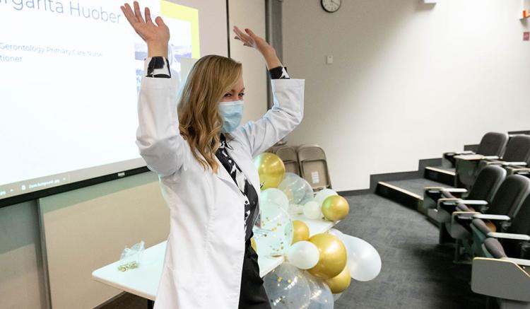 Students in the School of Nursing’s MEPN Program celebrated the completion of their first year at an in-person Pinning Celebration. 