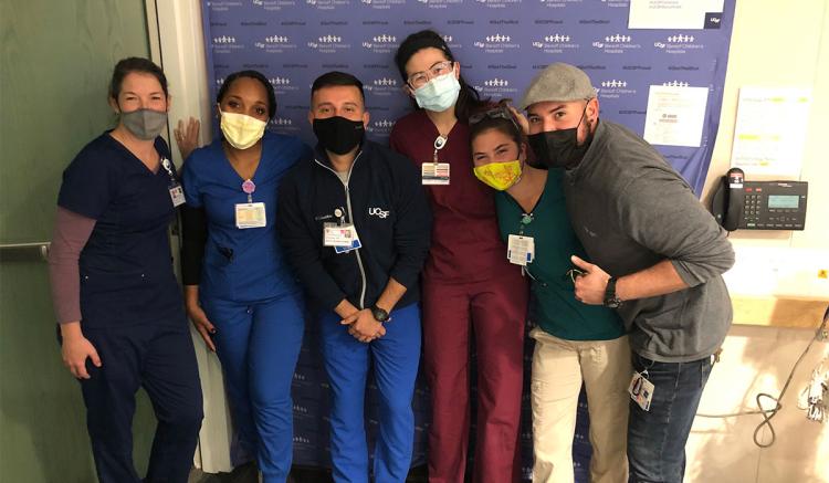 Pictured are School of Nursing faculty and student volunteers at the Dec. 11, 2021 vaccine clinic (left to right): Kate Holbrook, Maya Williams, Robert Martinez, Caroline Hwang, Kalmia Beets and Enrique Esteinou.