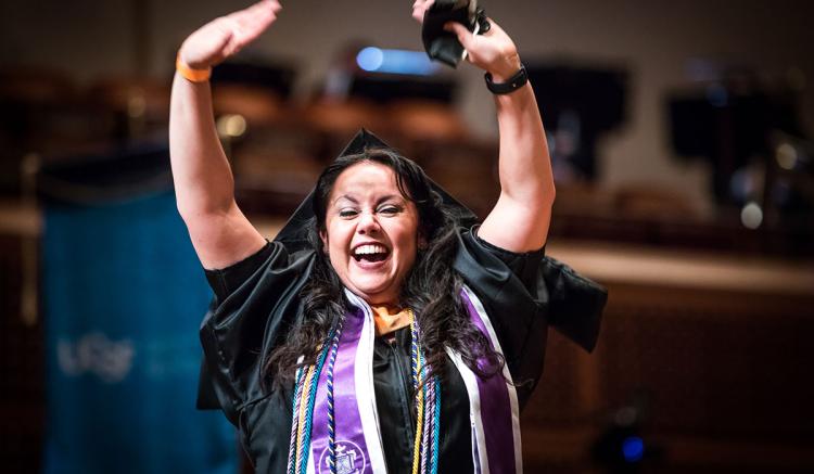 Graduate Teresa Mercado-Gans celebrates at the School of Nursing's Commencement.