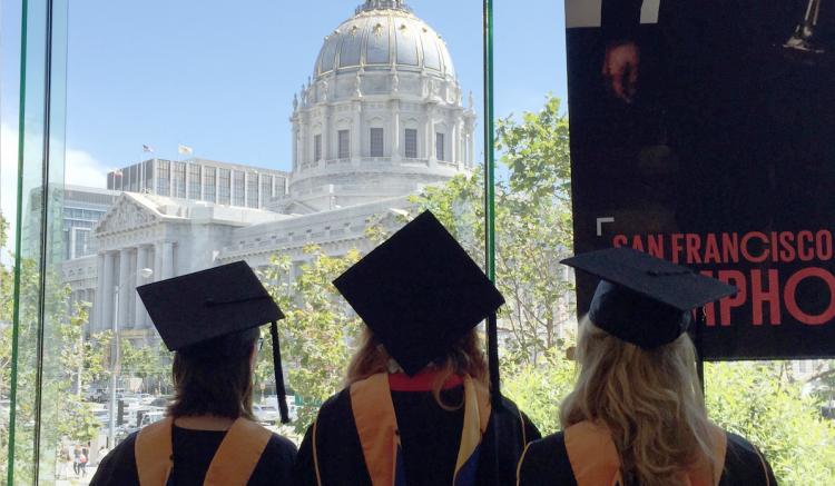 Students take a moment to appreciate the view prior to the start of the 2016 commencement ceremony.