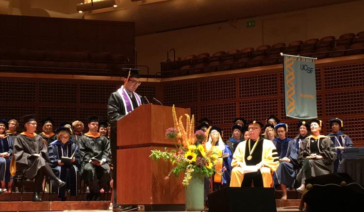 Hamza Alduraidi, Doctor of Philosophy Nursing Student, delivers the first student address.