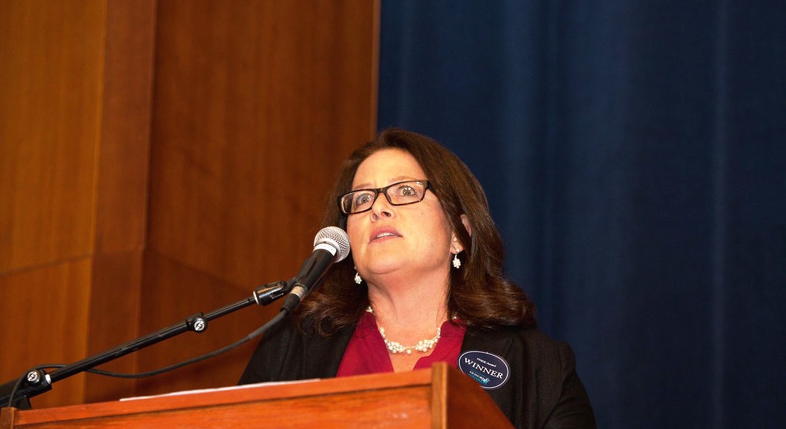 Hildy Schell-Chaple, RN, PhD, CCNS, FAAN, gives remarks after receiving this year's UCSF Medical Center PRIDE Award