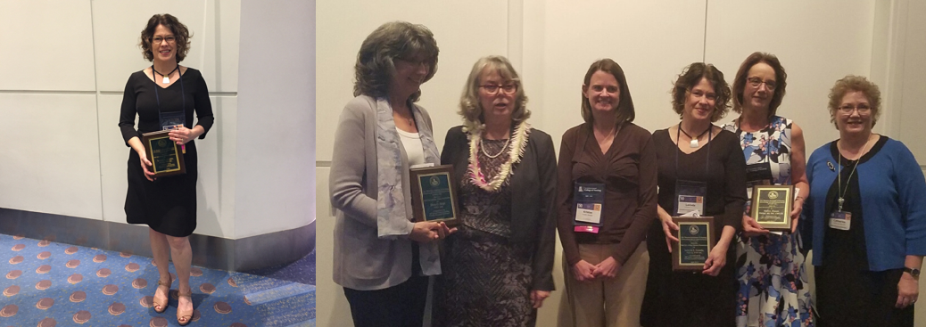 Lorinda Coombs with award and group of winners