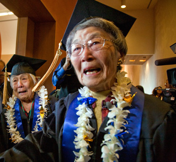 Edith Setsuo and Grace Amemiya upon receiving their UCSF honorary degrees.