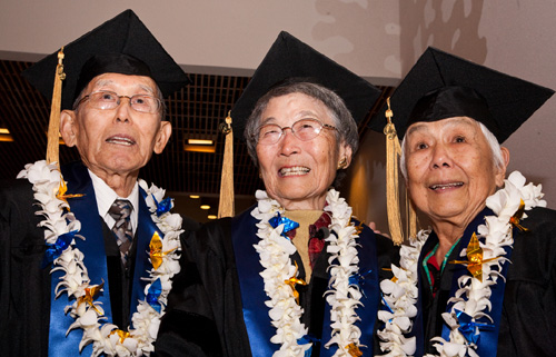 Photo by Susan Merrell: From left, Setsuo “Ernest” Torigoe, Aiko “Grace” Obata Amemiya and Edith Oto, who also celebrated her 90th birthday on December 4, 2009, received their honorary degrees from UCSF nearly seven decades after they were sent to internm