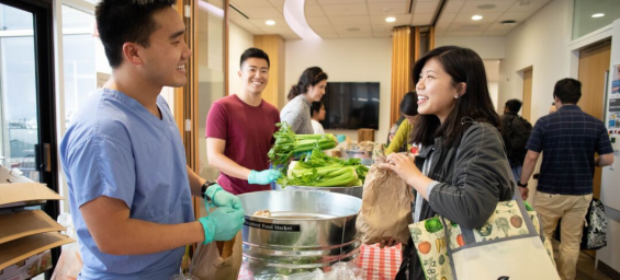 Student picks up food from the UCSF Student Food Market