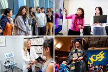 Collage of four photos including a photo of a group of students standing next to each other and participating in a class activity; a photo of a faculty member and a student looking at information on a screen; a student participating in UCSF's commencement ceremony; and a photo of a nurse taking a patient's blood pressure.