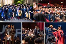 Collage of 5 photos: 30 graduates standing together outside; seated graduates clapping; adviser adjusting smiling graduate's hood; smiling graduate high-fiving seated classmates; adviser embracing graduate. 