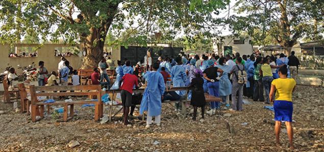 The makeshift triage unit set up outside the Sainte-Thérèse Hospital in Hinche, Haiti