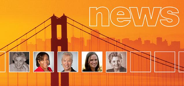 Five faculty headshots run across a larger photo of the Golden Gate Bridge
