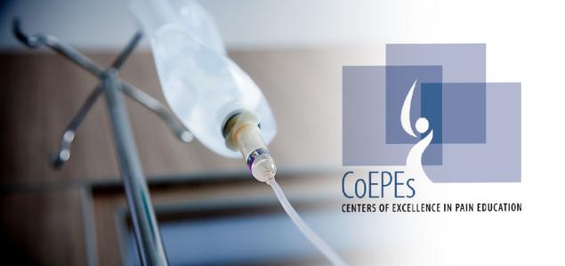 A picture of an IV solution bag and the Centers of Excellence in Pain Education logo 