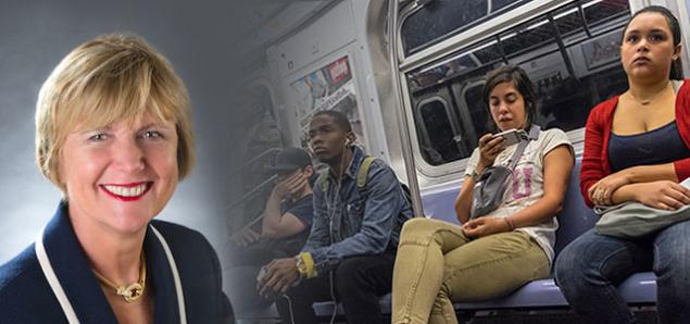 Suzanne Bakken's photo to the left, a photo of people riding in a New York City subway car on the right.