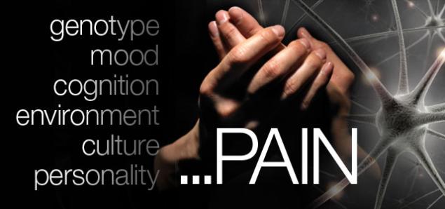 Image of clasped hands with the words genotype, mood, cognition, environment, culture, personality, pain
