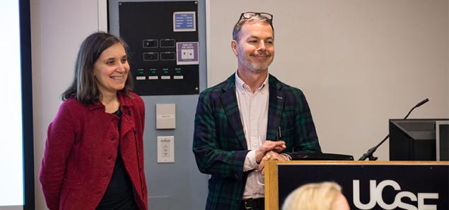 In the course "Substance Abuse and Mental Illness," assistant professor Annesa Flentje and professor Matt Tierney help students identify some of the underlying causes of substance use such as inadequate housing and discrimination (Photo by Elisabeth Fall). 