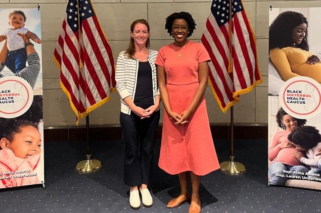 Stephanie Costelloe (left) meets Rep. Lauren Underwood at the Black Maternal Health Caucus 2023 Stakeholder Summit in Washington D.C. 