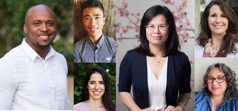 UCSF School of Nursing alumni and faculty have played pivotal roles in responding to the COVID-19 pandemic. Among these impactful changemakers are (from left), Orlando Harris, Glenn-Milo Santos, Sarah Berger, Jian Zhang, Gina Shuler and Desiree Espinoza.