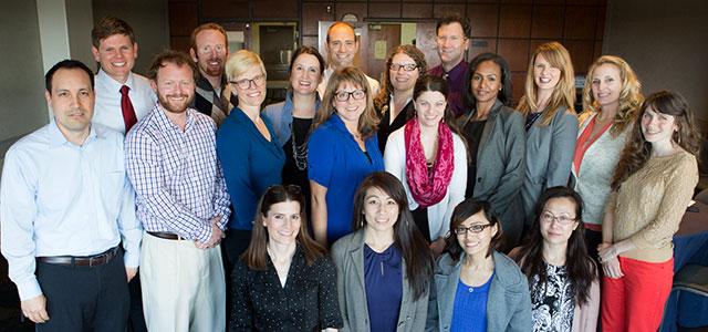 The program’s first cohort. Standing, from left to right: Justin Messier, Jordan Franck, Bob Wenz, Louis Ward, Carlina Hansen, Jackie Lebihan, Ellen Kynoch, Robert Andersen, Katherine McCall, Tristin Penland, David Baker, Ileita Lafitte, Sarah Sporik, Stacy McLachlan, Laura Sheckler. Seated, from left to right: Sherry Corcoran, Helen Shui, Van Nguyen, Elizabeth Sin. (Photos by Elisabeth Fall)