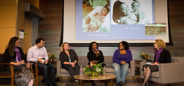 On World Prematurity Day in November 2015, Linda Franck (far right), co-principal investigator for the UCSF Preterm Birth Initiative California, moderates a panel on community-driven research, which gives those being studied a voice in research funding decisions. From left to right: parent Brittany Lothe, parent Scott Bolick, UCSF Intensive Care Nursery nurse Robin Bisgaard, parent Hope Williams and parent Schyneida Williams (photo by Elisabeth Fall).