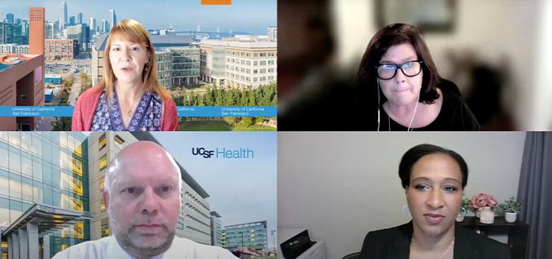 UCSF nurse leaders gathered virtually on Nov. 16, 2021, to discuss the national nursing shortage and potential solutions. Clockwise, from top left are professor Joanne Spetz, professor Carol Dawson-Rose, assistant professor Natalie Wilson and UCSF chief nursing officer Pat Patton.