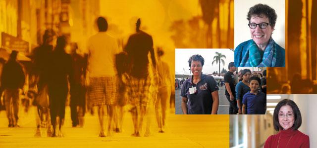 Photos of Catherine Dodd, Michele Rigsby Pauley and Linda Centore on right, with a photo of people walking through a city on the left.