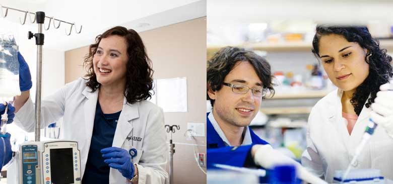 A photo collage including a photo of two nurses with an IV stand and a photo of two researchers in a lab.