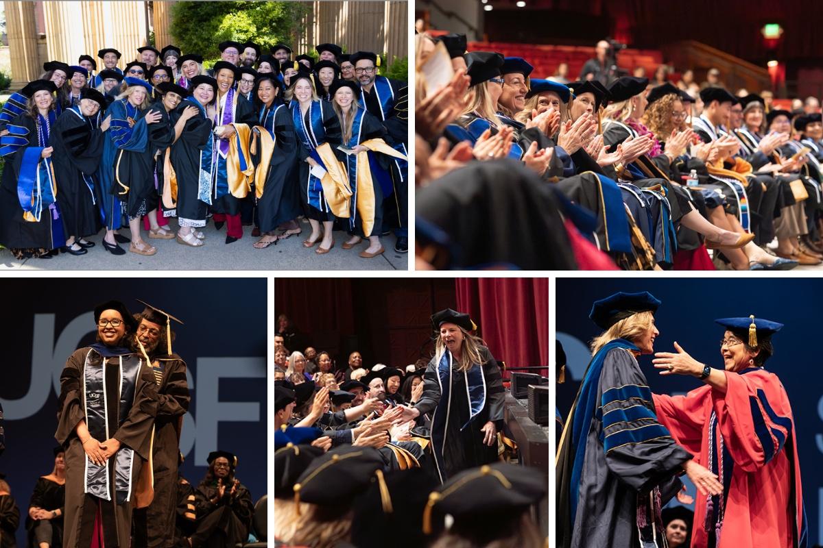 Collage of 5 photos: 30 graduates standing together outside; seated graduates clapping; adviser adjusting smiling graduate's hood; smiling graduate high-fiving seated classmates; adviser embracing graduate. 