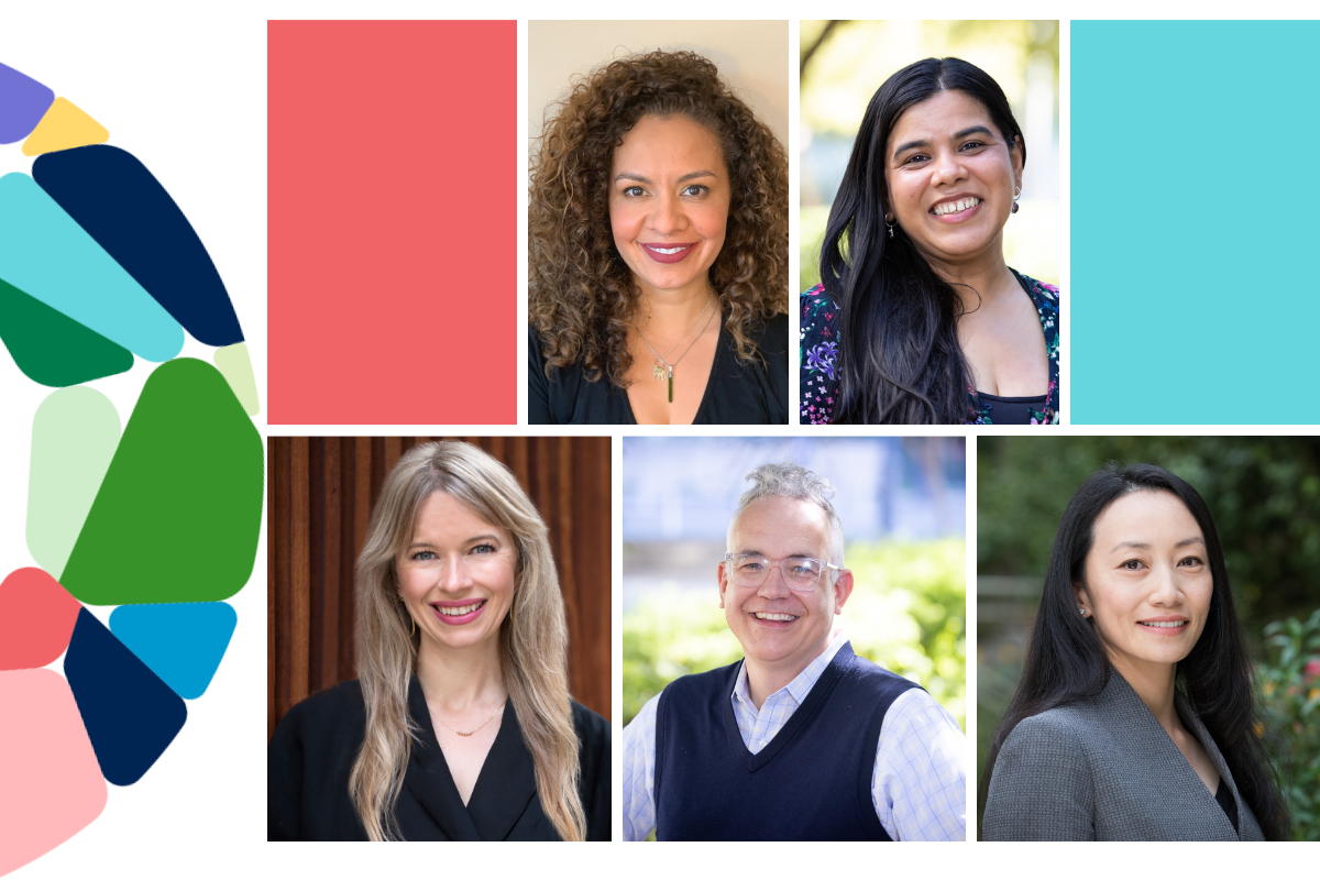 Collage of five faculty, staff, and student portraits against a colorful background.