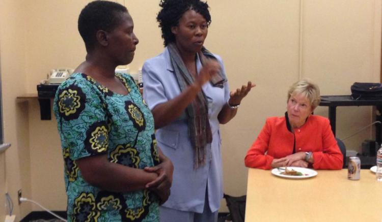 Joyce Jere, RN, MSc and Edna Bolokonya, RN of Global AIDS Interfaith Alliance, deliver a presentation to nursing students on the issues facing nurses delivering care to rural communities in Malawi. Joyce Jere, RN, MSc and Edna Bolokonya, RN