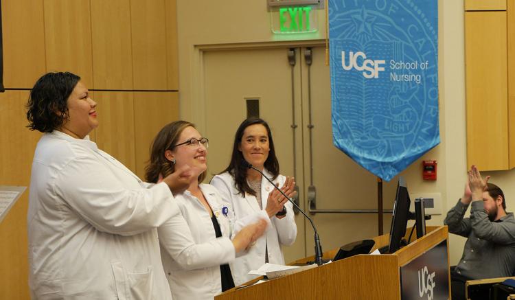 Janelle Charles, Madelyn Peterson and Chelsea Gelbart were the student speakers at the MEPN Pinning Ceremony. (Photo credit: Arego Mitchell)