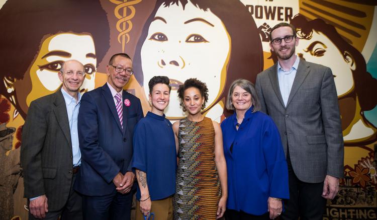 Executive Vice Chancellor Dan Lowenstein (left), President Norman Yee of the SF Board of Supervisors, artists Jessica Sabogal and Shanna Strauss, Dean Catherine Gilliss and state Sen. Scott Wiener. (Photography by Elisabeth Fall)