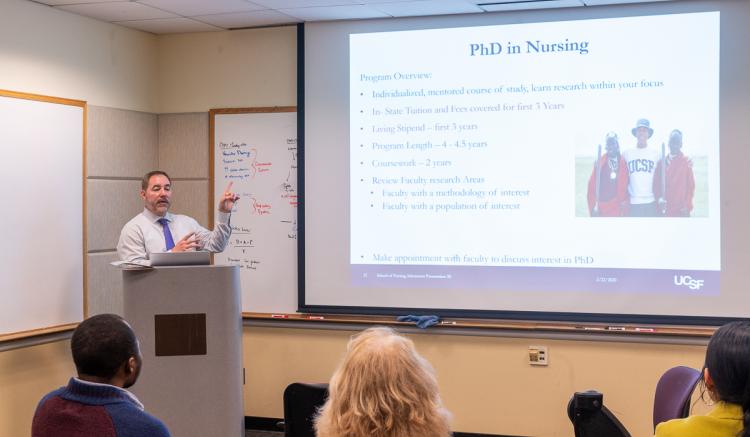 Outreach and Recruitment Director Sergio Saenz presented information about the School of Nursing's academic programs.