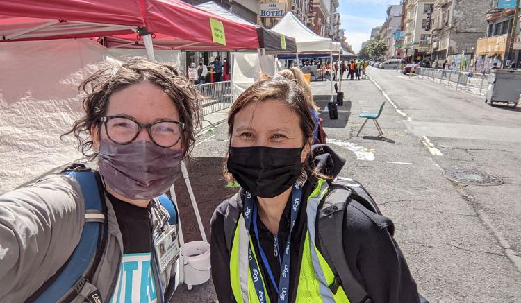 Assistant professor Shannon Smith-Bernardin (left) and master’s student Dianne Georgetti were part of a team that vaccinated close to 200 people on April 29, 2021 in San Francisco’s Tenderloin district through the UCSF Benioff Homelessness and Housing Initiative.