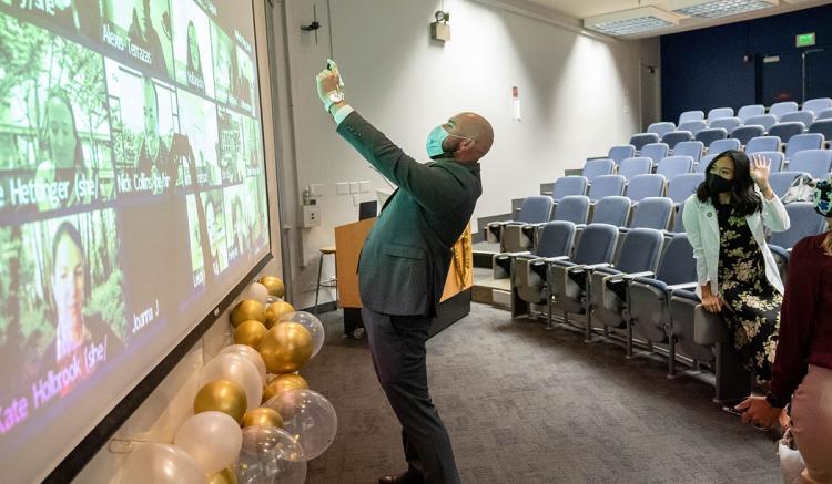 Students in the School of Nursing’s MEPN Program celebrated the completion of their first year at an in-person Pinning Celebration. 