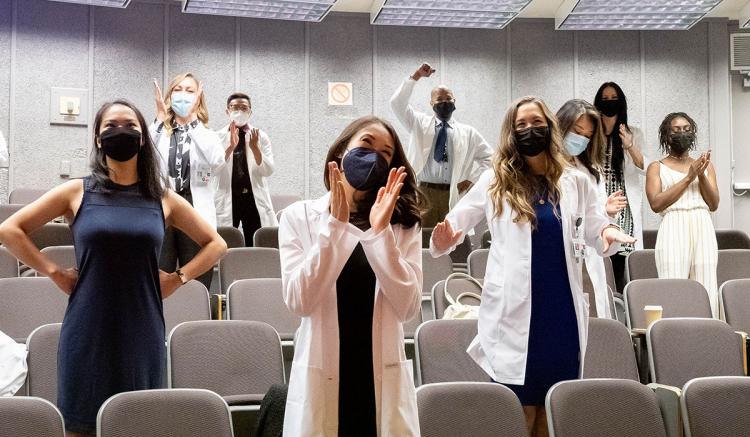 The celebration was held in three adjoining lecture halls in Health Sciences West on the Parnassus Heights campus, in order to achieve physical distancing.