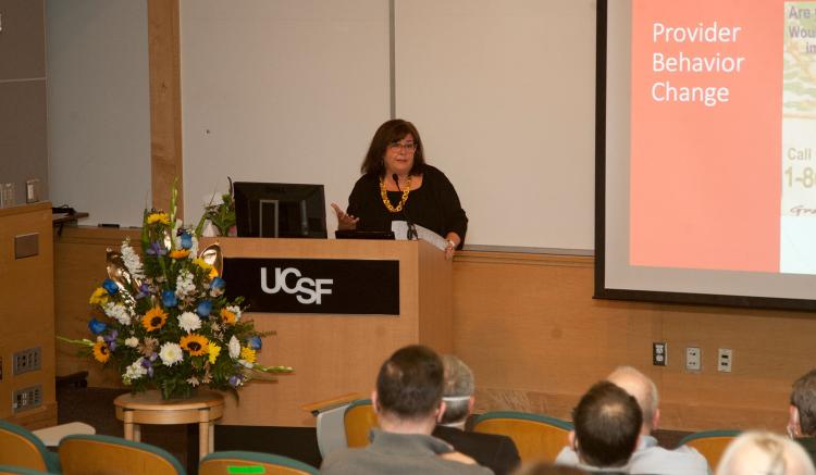 Carol Dawson-Rose delivers her lecture "HIV Prevention and Treatment Needs of People Living With HIV" on March 11, 2022.