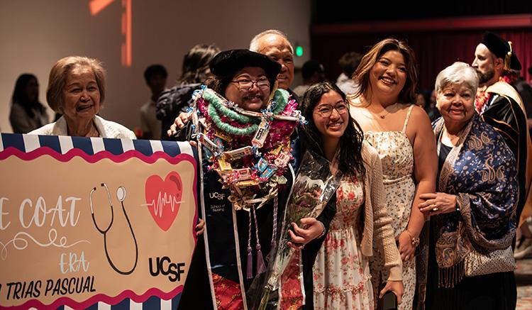 Janheen Pascual celebrates with loved ones at the 2026 UCSF School of Nursing Commencement at the Palace of Fine Arts. 