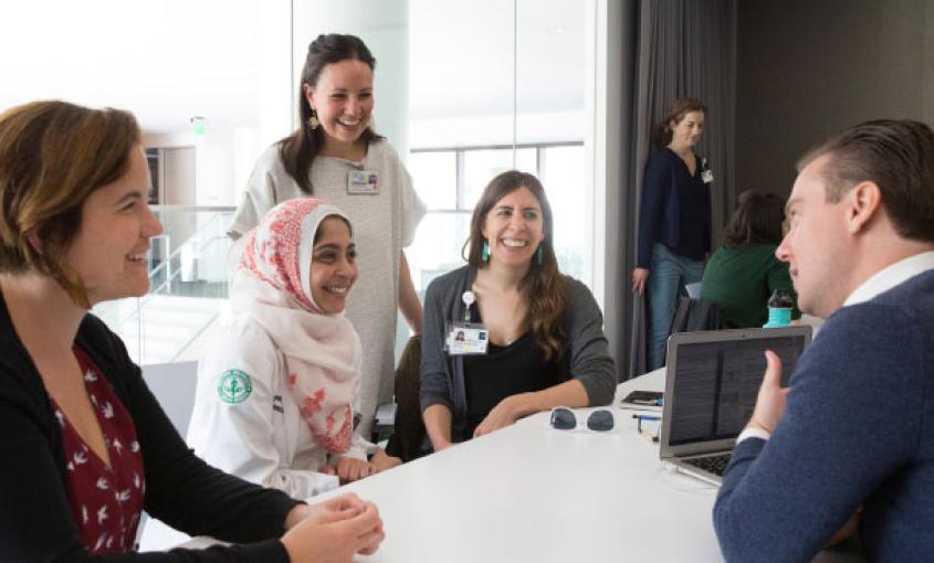 From left: Darcy Stanley, midwifery student; Meher Raza, visiting medical student; Kim Dau, certified nurse-midwife; Kathleen Reutter, midwifery student; David Klein, OB-GYN resident (photos by Elisabeth Fall)