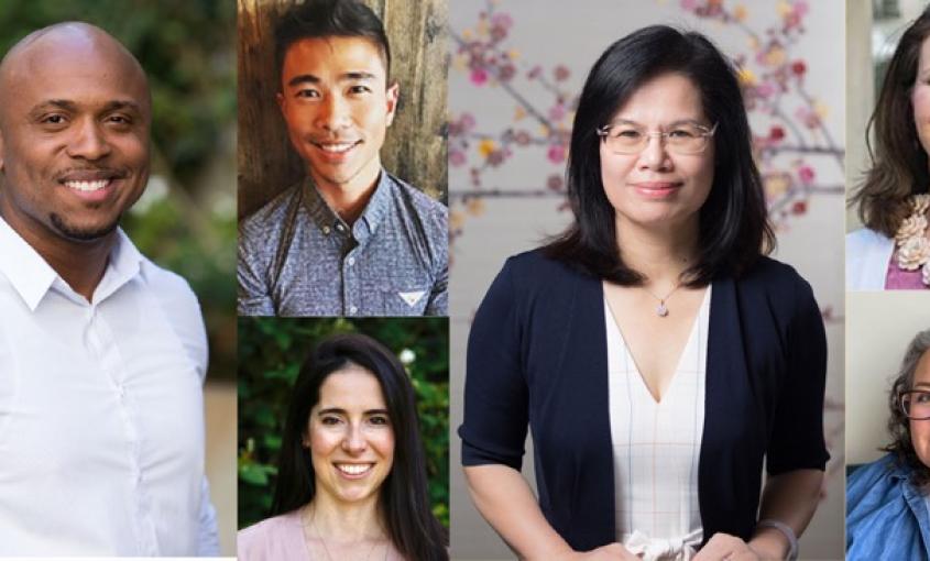 UCSF School of Nursing alumni and faculty have played pivotal roles in responding to the COVID-19 pandemic. Among these impactful changemakers are (from left), Orlando Harris, Glenn-Milo Santos, Sarah Berger, Jian Zhang, Gina Shuler and Desiree Espinoza.