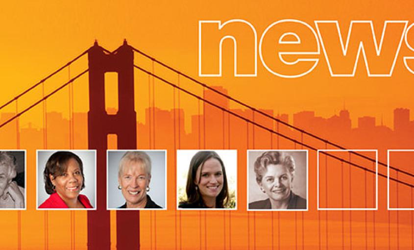 Five faculty headshots run across a larger photo of the Golden Gate Bridge