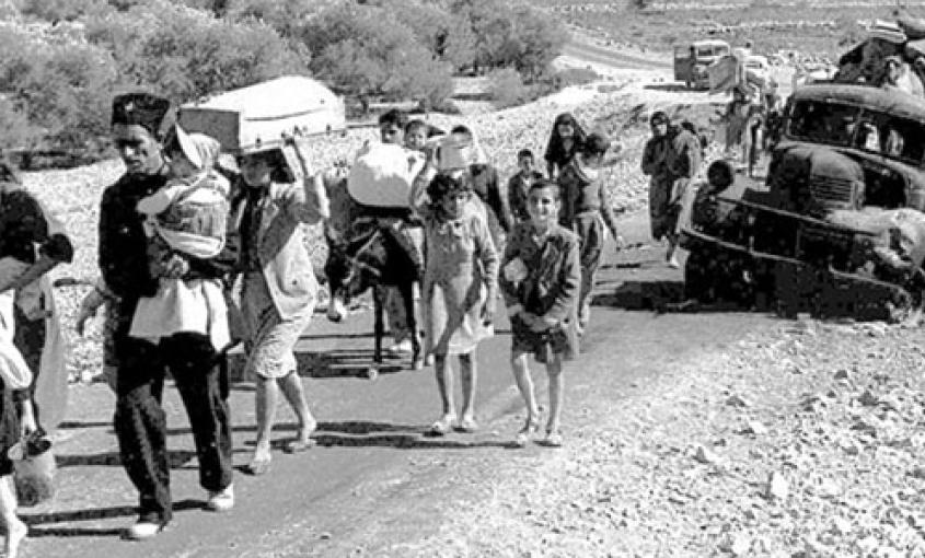 People travel by foot and car during the 1948 Palestinian exodus into Jordan