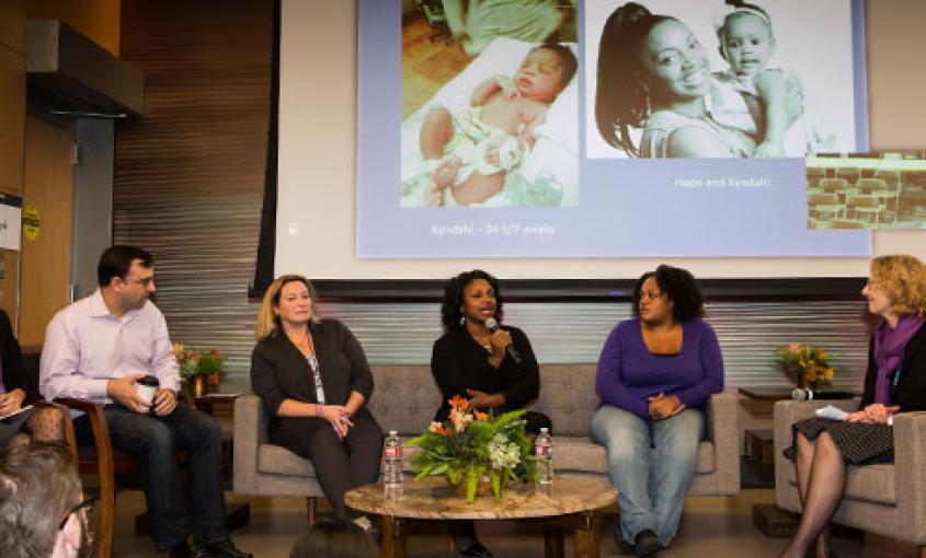On World Prematurity Day in November 2015, Linda Franck (far right), co-principal investigator for the UCSF Preterm Birth Initiative California, moderates a panel on community-driven research, which gives those being studied a voice in research funding decisions. From left to right: parent Brittany Lothe, parent Scott Bolick, UCSF Intensive Care Nursery nurse Robin Bisgaard, parent Hope Williams and parent Schyneida Williams (photo by Elisabeth Fall).