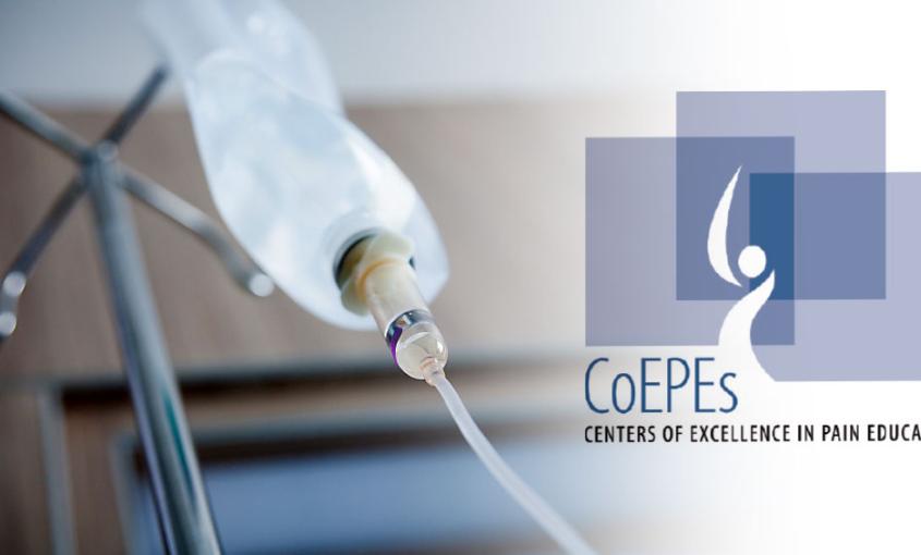 A picture of an IV solution bag and the Centers of Excellence in Pain Education logo 