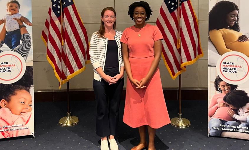 Stephanie Costelloe (left) meets Rep. Lauren Underwood at the Black Maternal Health Caucus 2023 Stakeholder Summit in Washington D.C. 