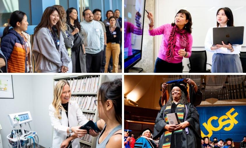 Collage of four photos including a photo of a group of students standing next to each other and participating in a class activity; a photo of a faculty member and a student looking at information on a screen; a student participating in UCSF's commencement ceremony; and a photo of a nurse taking a patient's blood pressure.