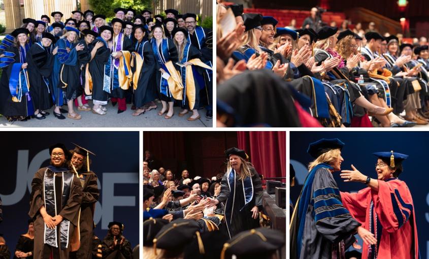 Collage of 5 photos: 30 graduates standing together outside; seated graduates clapping; adviser adjusting smiling graduate's hood; smiling graduate high-fiving seated classmates; adviser embracing graduate. 
