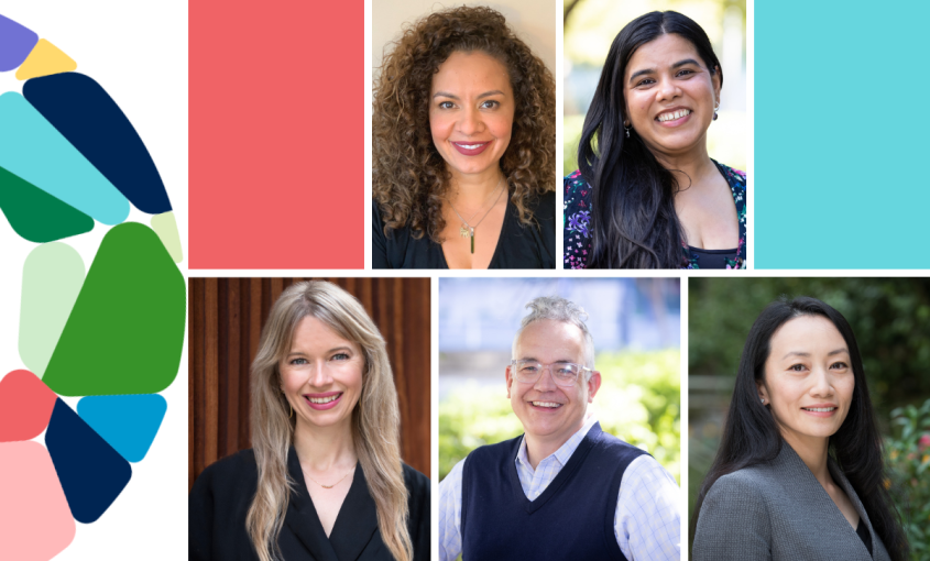Collage of five faculty, staff, and student portraits against a colorful background.