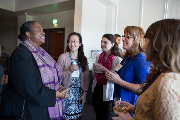 From left: Catherine Waters, RN, PhD, FAAN, FAHA, speaks with students Elizabeth Sin, Tristin Penland, Ellen Kynoch, and Laura Sheckler. Photographer: Elisabeth Fall.